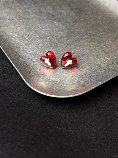 Scarlet Vow Stud Earrings | Crimson Heart & Gothic Cross (Limited Edition)