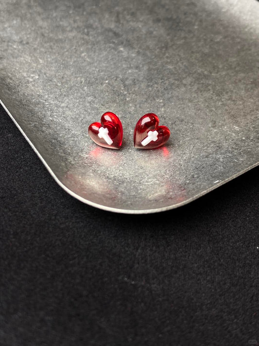 Scarlet Vow Stud Earrings | Crimson Heart & Gothic Cross (Limited Edition)