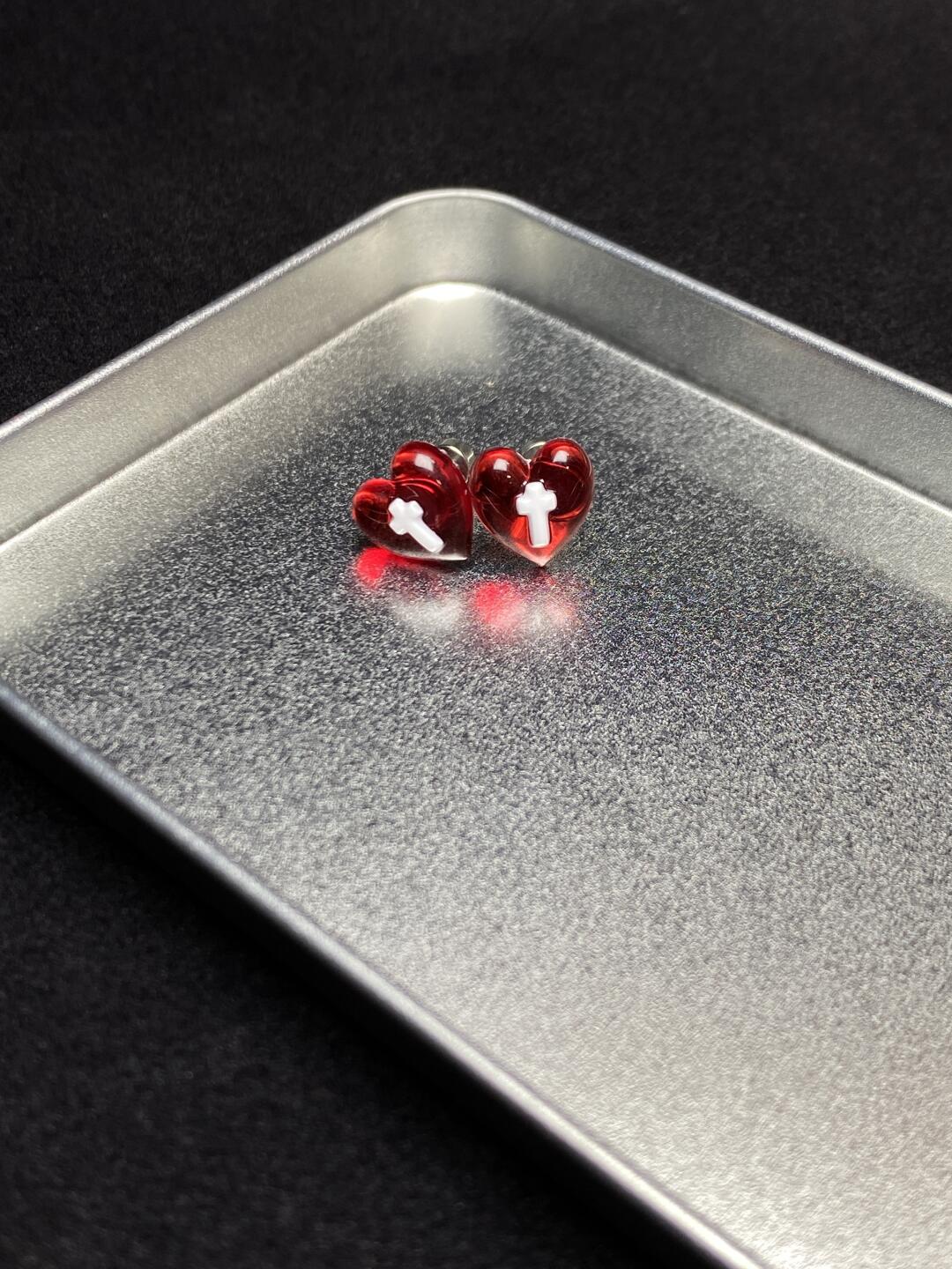 Scarlet Vow Stud Earrings | Crimson Heart & Gothic Cross (Limited Edition)