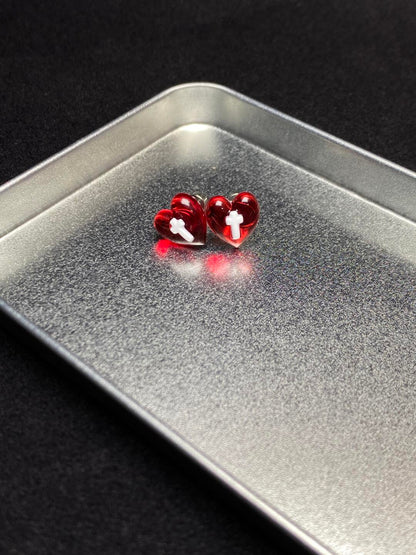 Scarlet Vow Stud Earrings | Crimson Heart & Gothic Cross (Limited Edition)