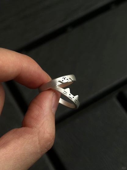The World Is Torn, But We Sew It Back | Cat & Dog Couple Rings in Sterling Silver